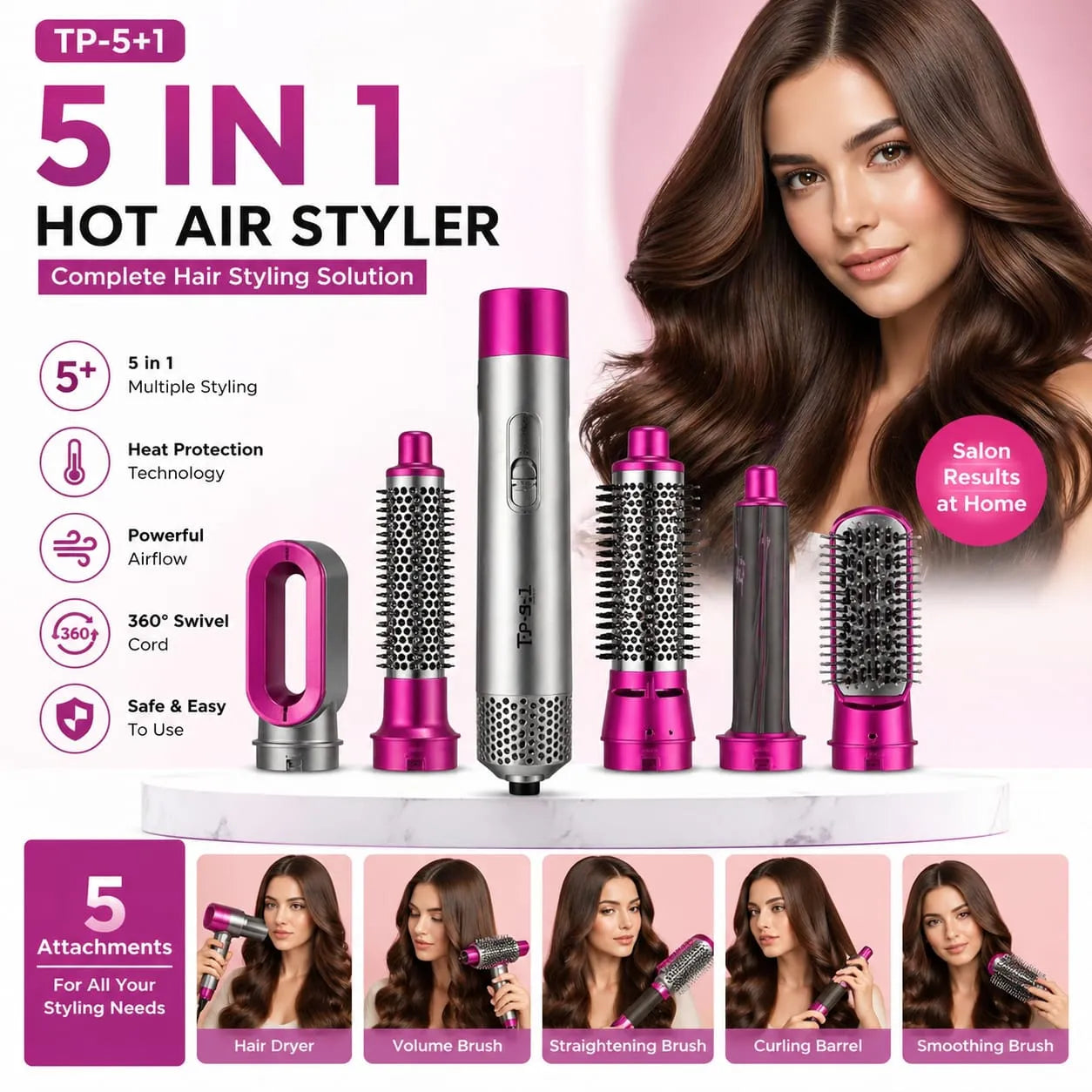 5-in-1 Hair Styling Brush (Dryer, Straightener & Curler in One)