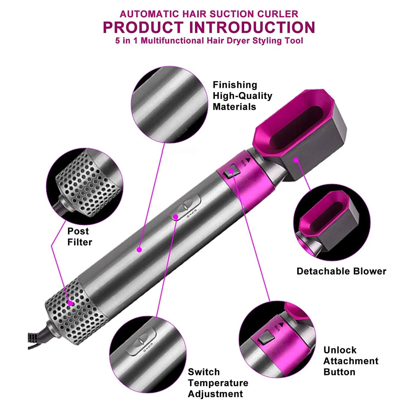 5-in-1 Hair Styling Brush (Dryer, Straightener & Curler in One)