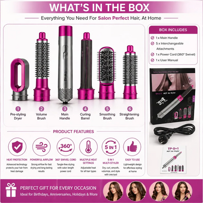5-in-1 Hair Styling Brush (Dryer, Straightener & Curler in One)
