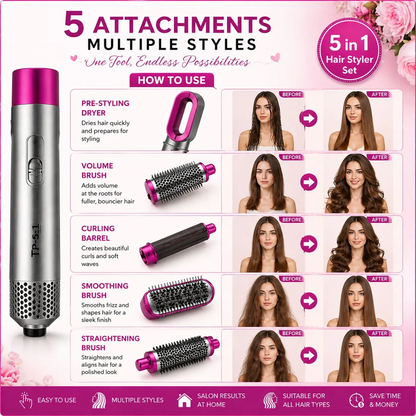 5-in-1 Hair Styling Brush (Dryer, Straightener & Curler in One)